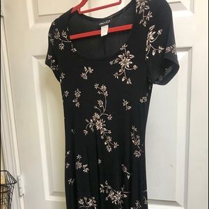 Black dress with tan & white flowers